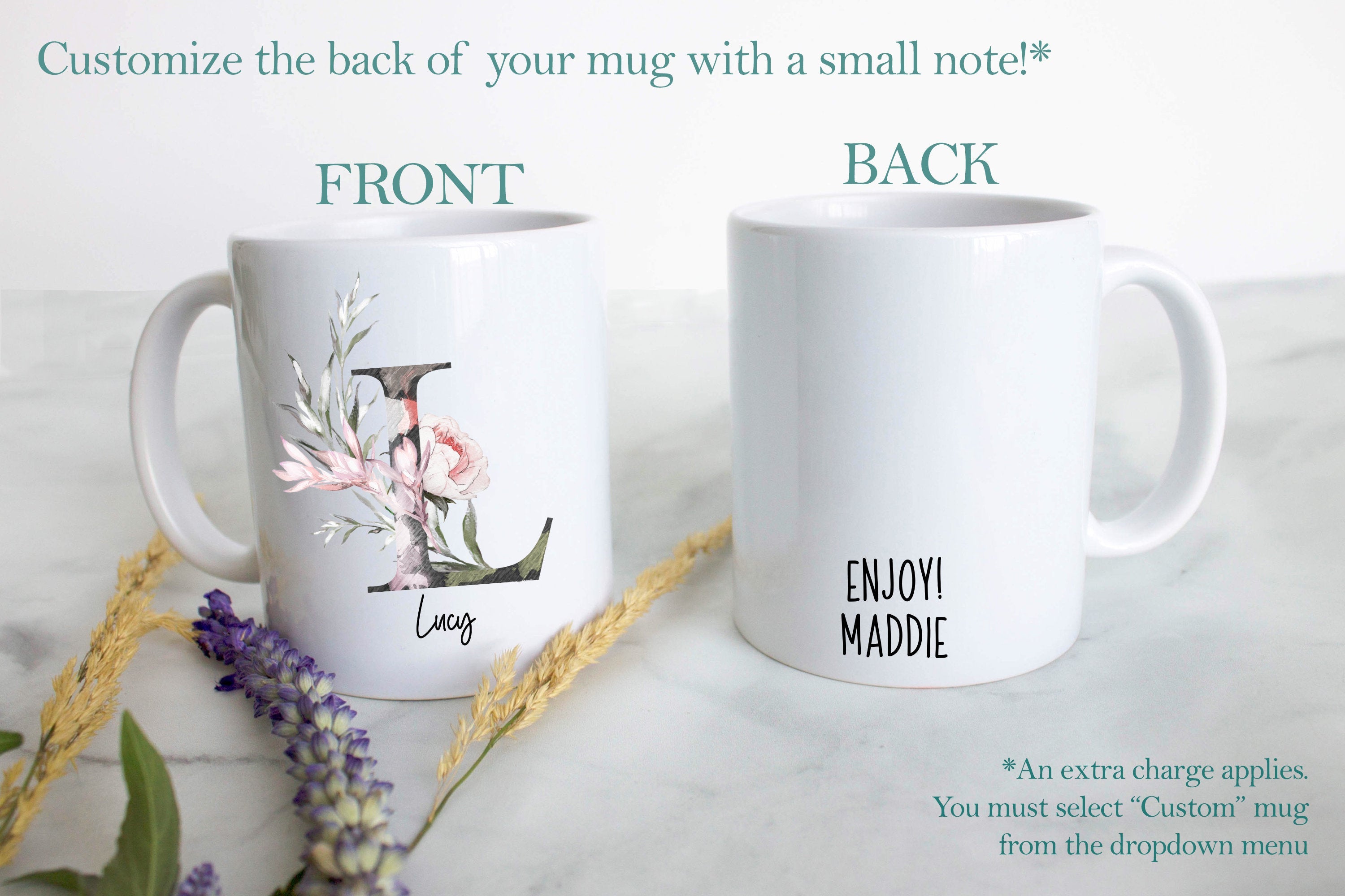 Woodland Floral with Custom Initial and Name - White Ceramic Mug - Inkpot