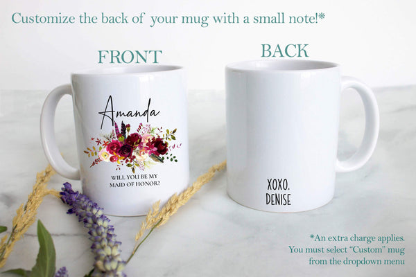 Burgundy Boho Floral Bridesmaid Custom Name With Date - White Ceramic Mug - Inkpot