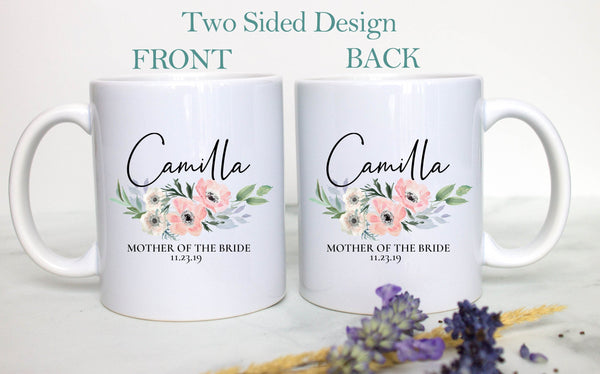 Pink Blush Floral Mother of the Bride Custom Name and Date - White Ceramic Mug - Inkpot