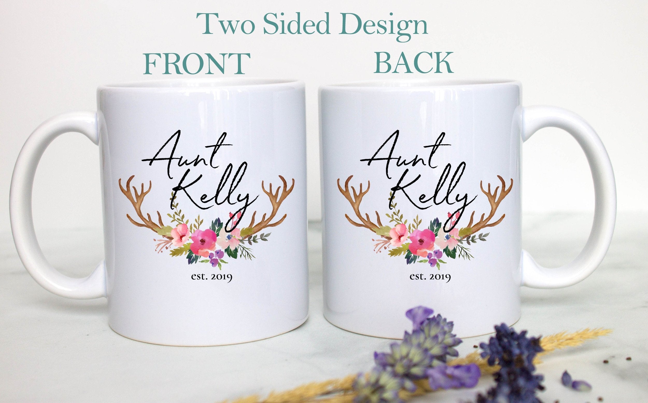 Floral Dark Rustic Personalized Aunt Name - White Ceramic Mug