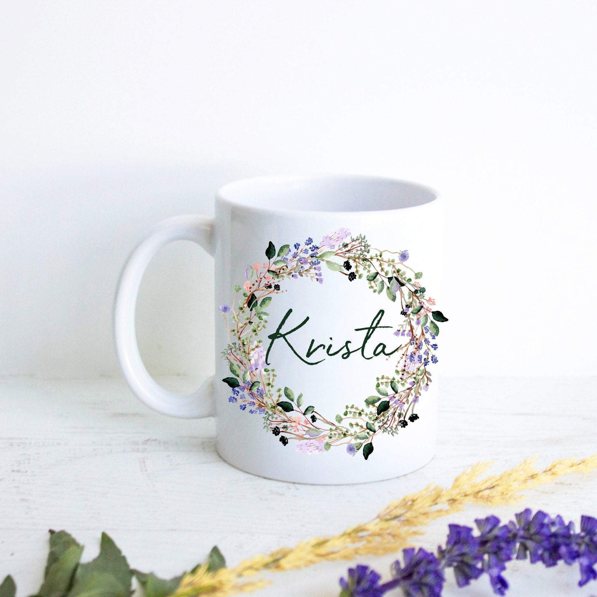 Elegant Floral Lavender and Wildflower with Custom Name - White Ceramic Mug