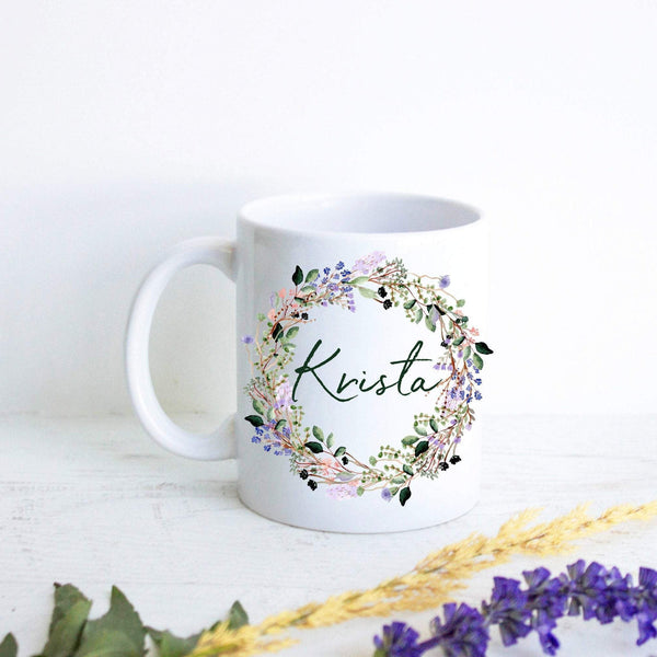 Elegant Floral Lavender and Wildflower with Custom Name - White Ceramic Mug