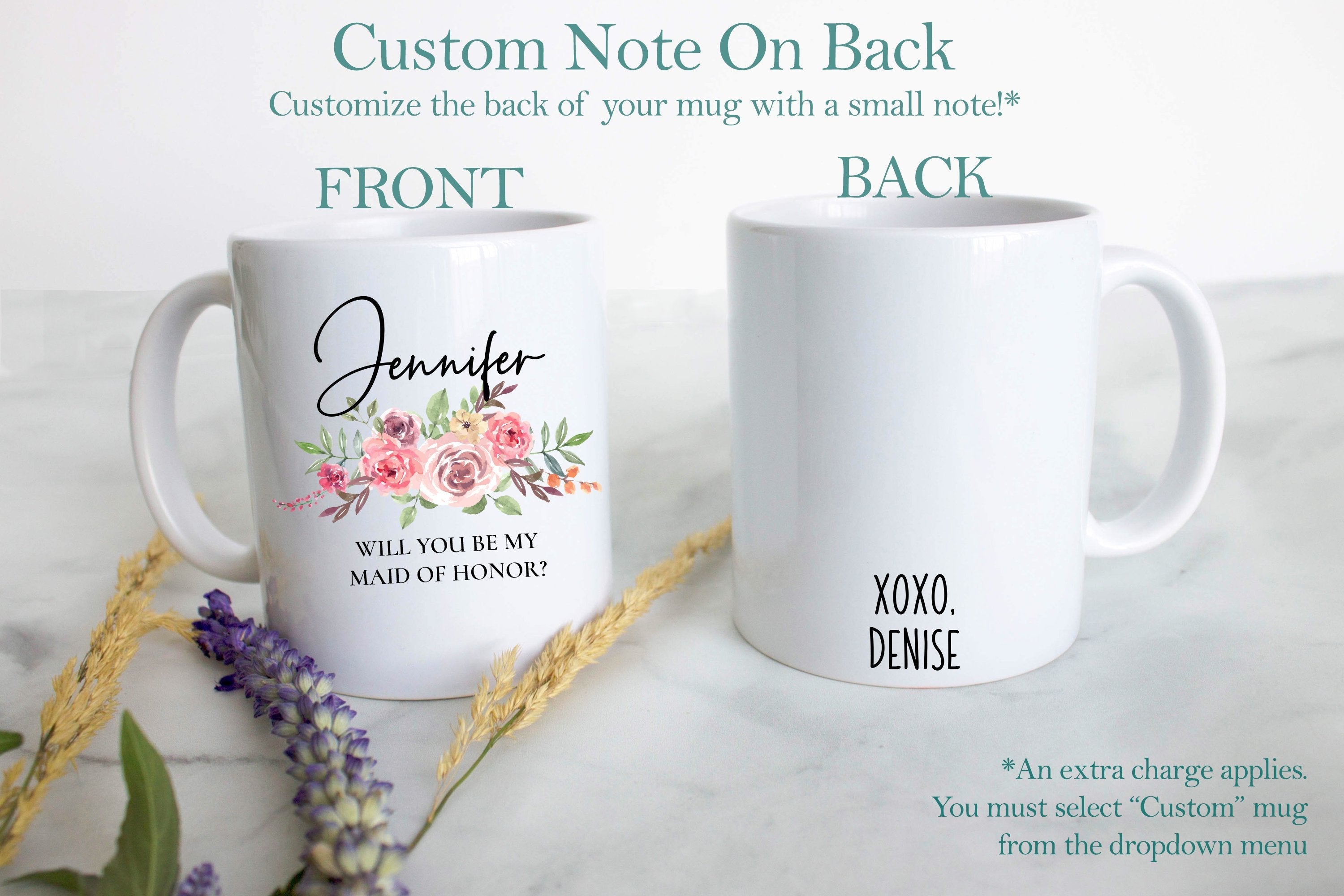 Pink Floral Bridesmaid Custom Name and Date - White Ceramic Mug