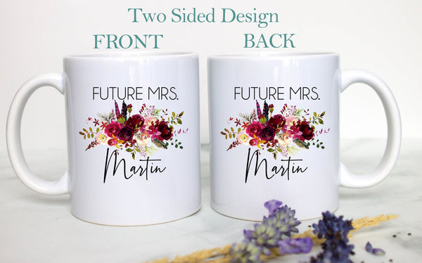 Future Mrs. Mug Burgundy Boho Floral Custom Name - White Ceramic Mug - Inkpot