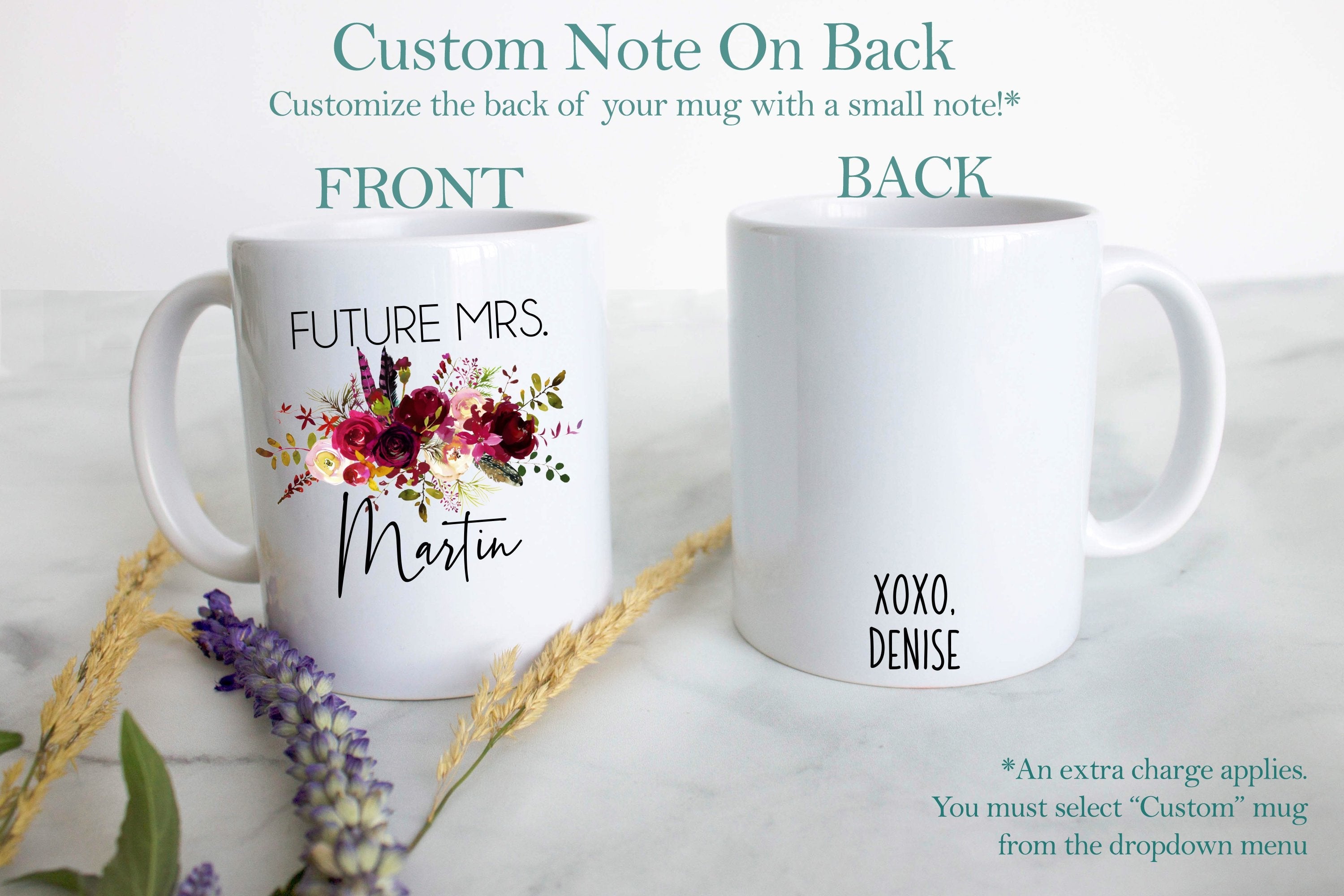 Future Mrs. Mug Burgundy Boho Floral Custom Name - White Ceramic Mug - Inkpot