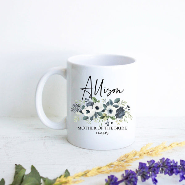 Blue Floral Mother of the Groom Custom Name With Date - White Ceramic Mug