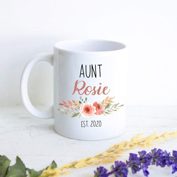 Personalized Aunt Name Peach Floral  - White Ceramic Mug - Inkpot