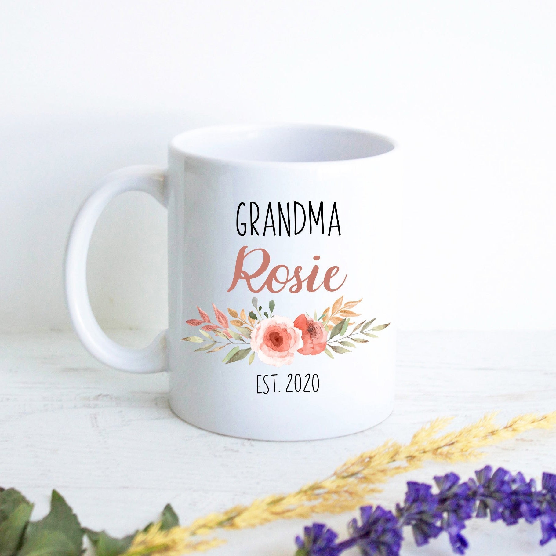 Peach Floral Personalized Grandma Name EST - White Ceramic Mug - Inkpot