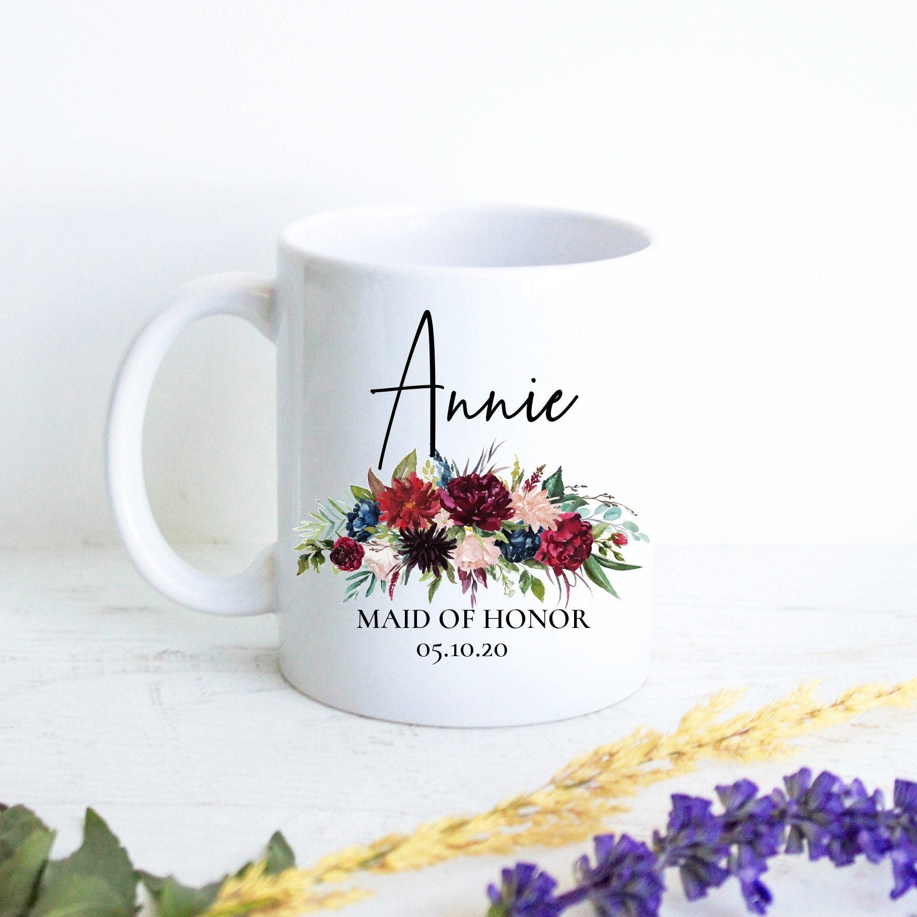 Burgundy Boho Floral Bridesmaid Custom Name With Date - White Ceramic Mug - Inkpot