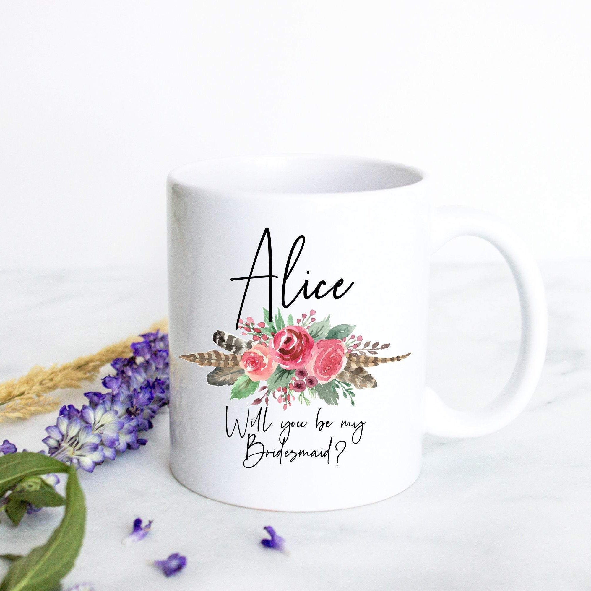 Bohemian Boho Floral Will You Be My Bridesmaid Custom Name - White Ceramic Mug - Inkpot