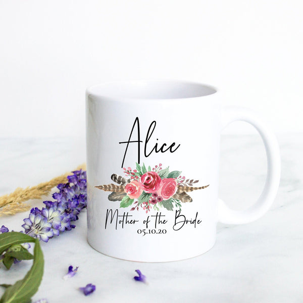 Bohemian Boho Fall Floral Mother of the Groom Custom Name With Date - White Ceramic Mug