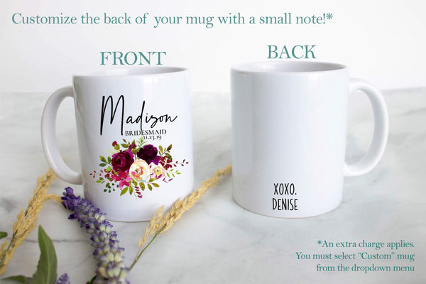 Burgundy Fall Floral Bridesmaid Custom Name With Date - White Ceramic Mug