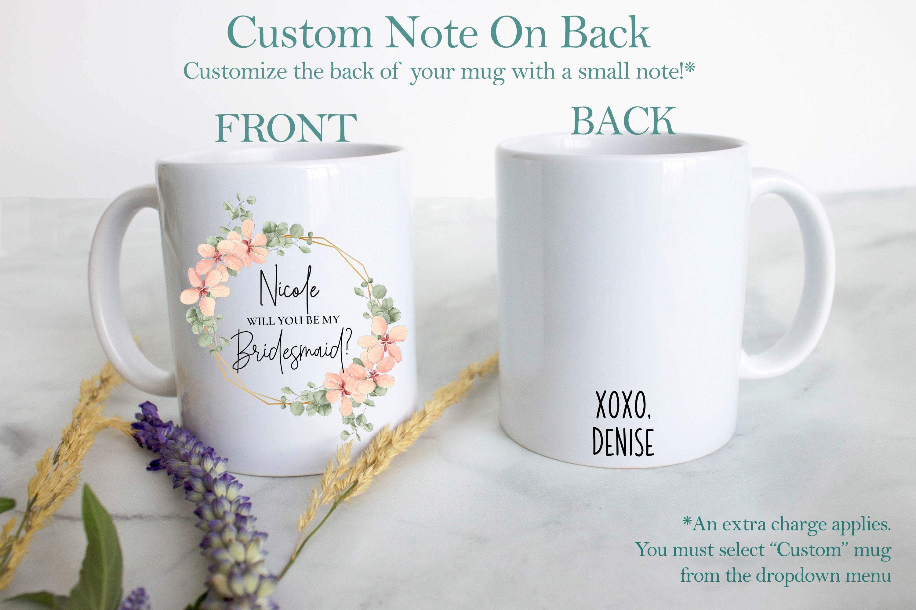 Boho Floral Wreath Will You Be My Bridesmaid? Custom Name - White Ceramic Mug