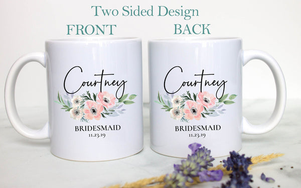 Pink Blush Floral Bridesmaid Custom Name and Date - White Ceramic Mug