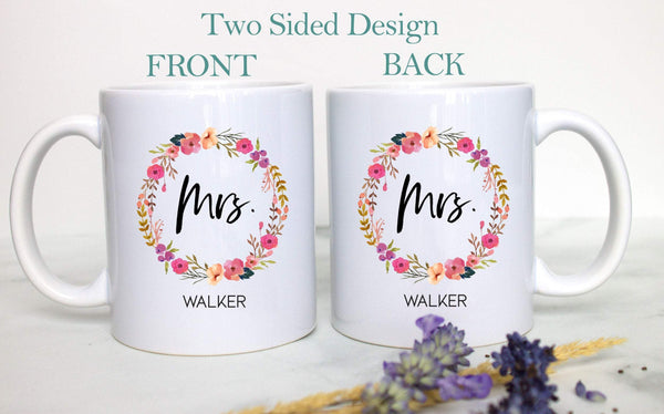 Floral Wreath Married Mrs. Mug Custom Name - White Ceramic Mug - Inkpot