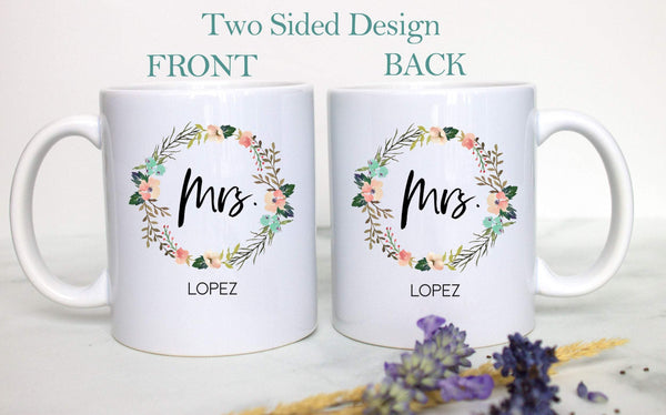 Floral Wreath Married Mrs. Mug #2 Custom Name - White Ceramic Mug