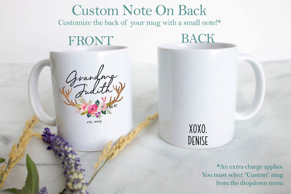 Floral Rustic Personalized Grandma Name Est  - White Ceramic Mug - Inkpot