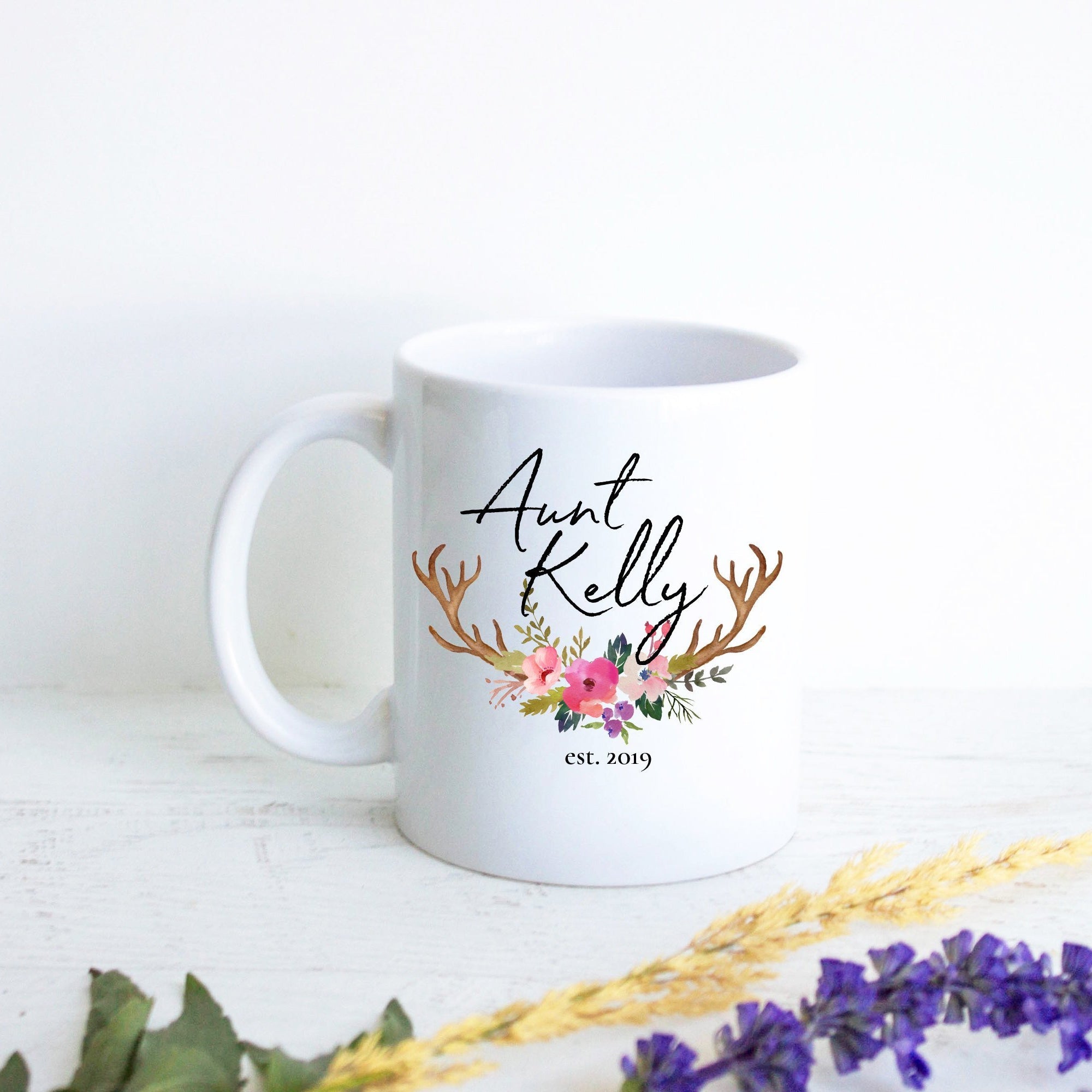 Floral Dark Rustic Personalized Aunt Name - White Ceramic Mug