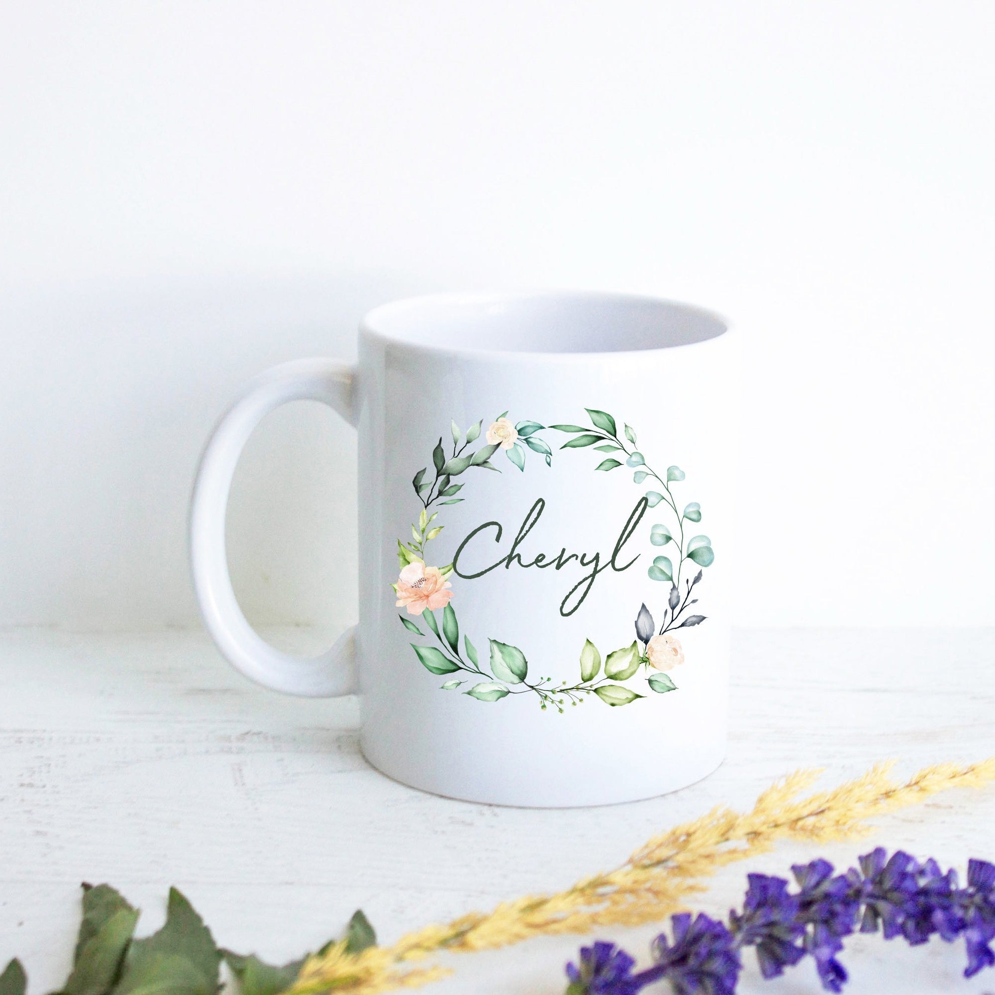 Elegant Floral and Green Leaves with Custom Name - White Ceramic Mug