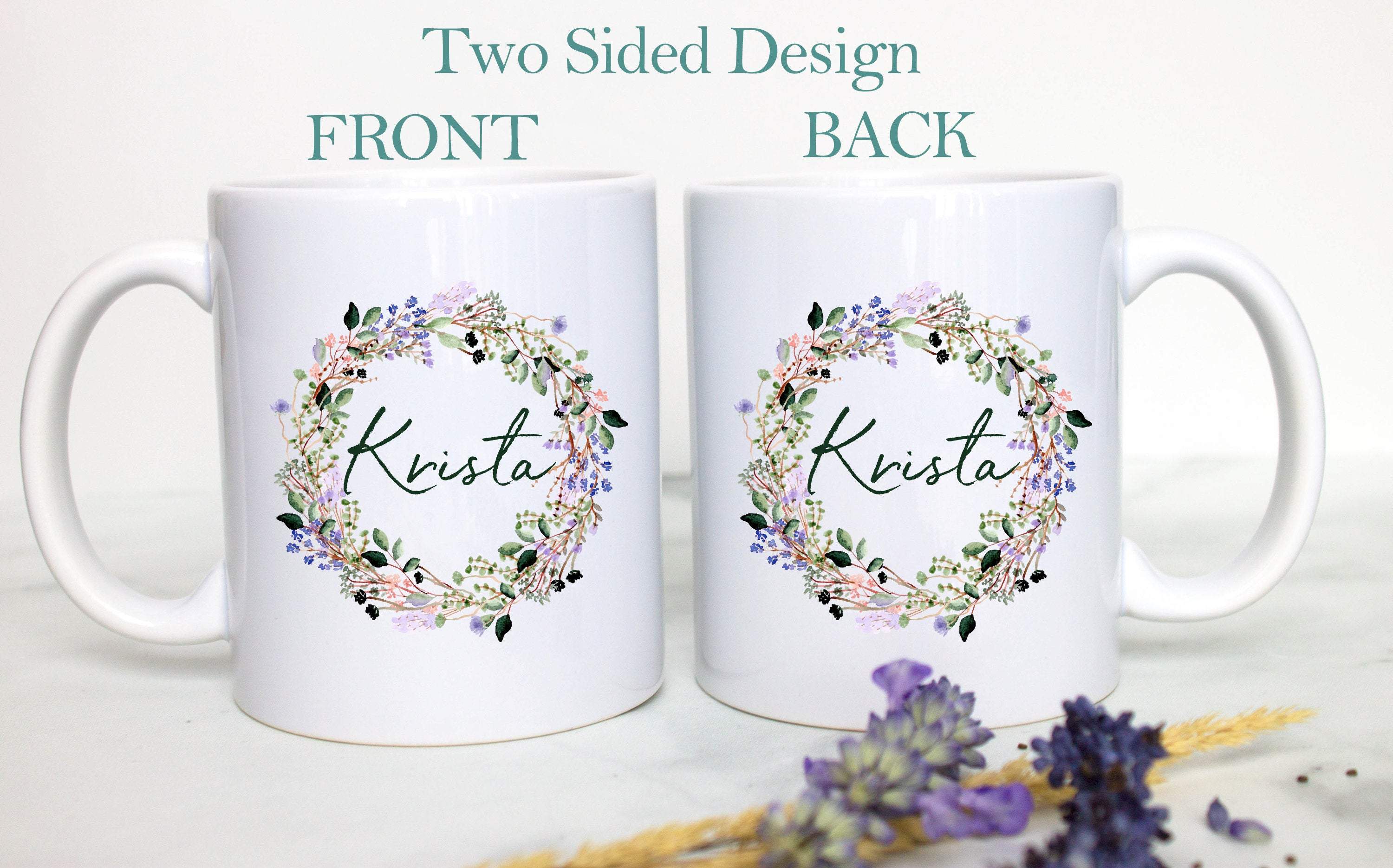 Elegant Floral Lavender and Wildflower with Custom Name - White Ceramic Mug