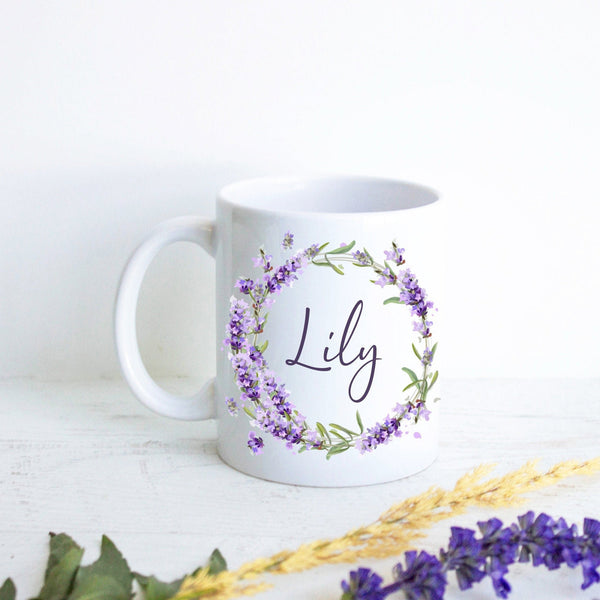 Elegant Floral Lavender with Custom Name - White Ceramic Mug