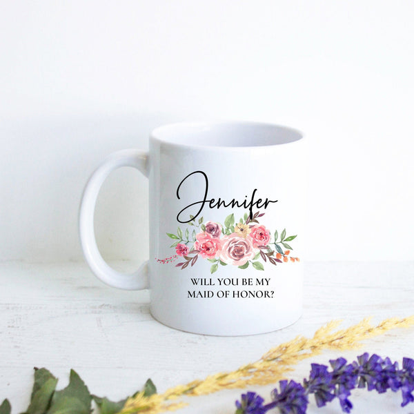 Pink Floral Bridesmaid Custom Name and Date - White Ceramic Mug