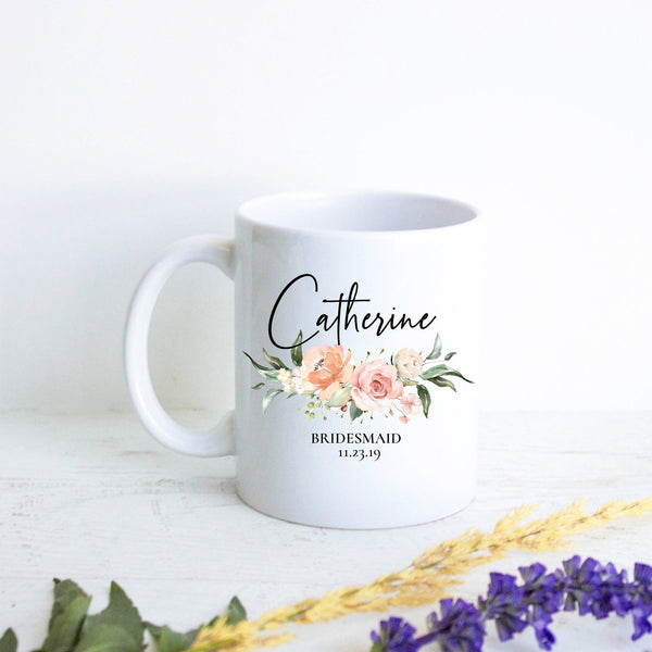 Peach Floral Bridesmaid Custom Name and Date - White Ceramic Mug