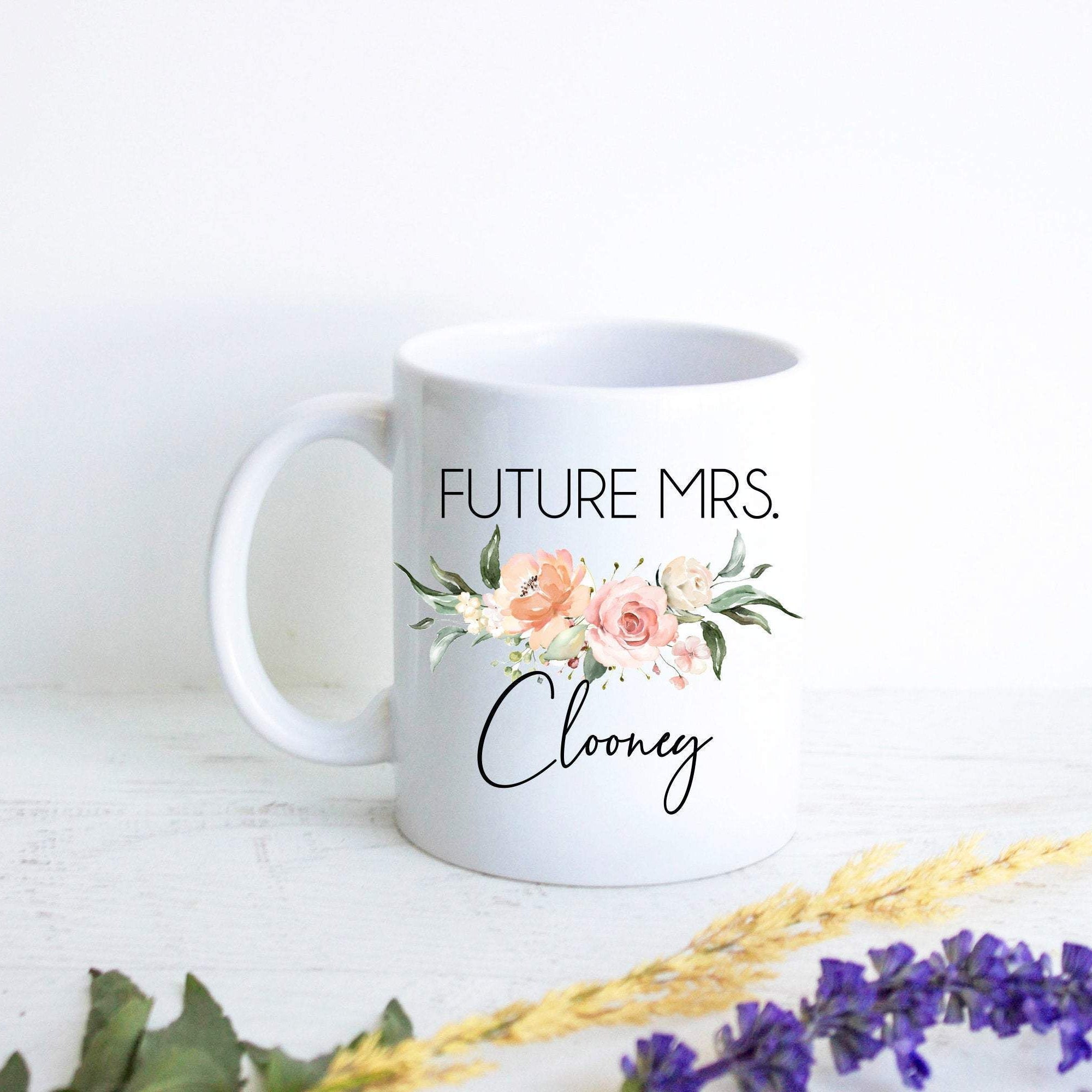 Future Mrs. Peach Floral Custom Name - White Ceramic Mug - Inkpot