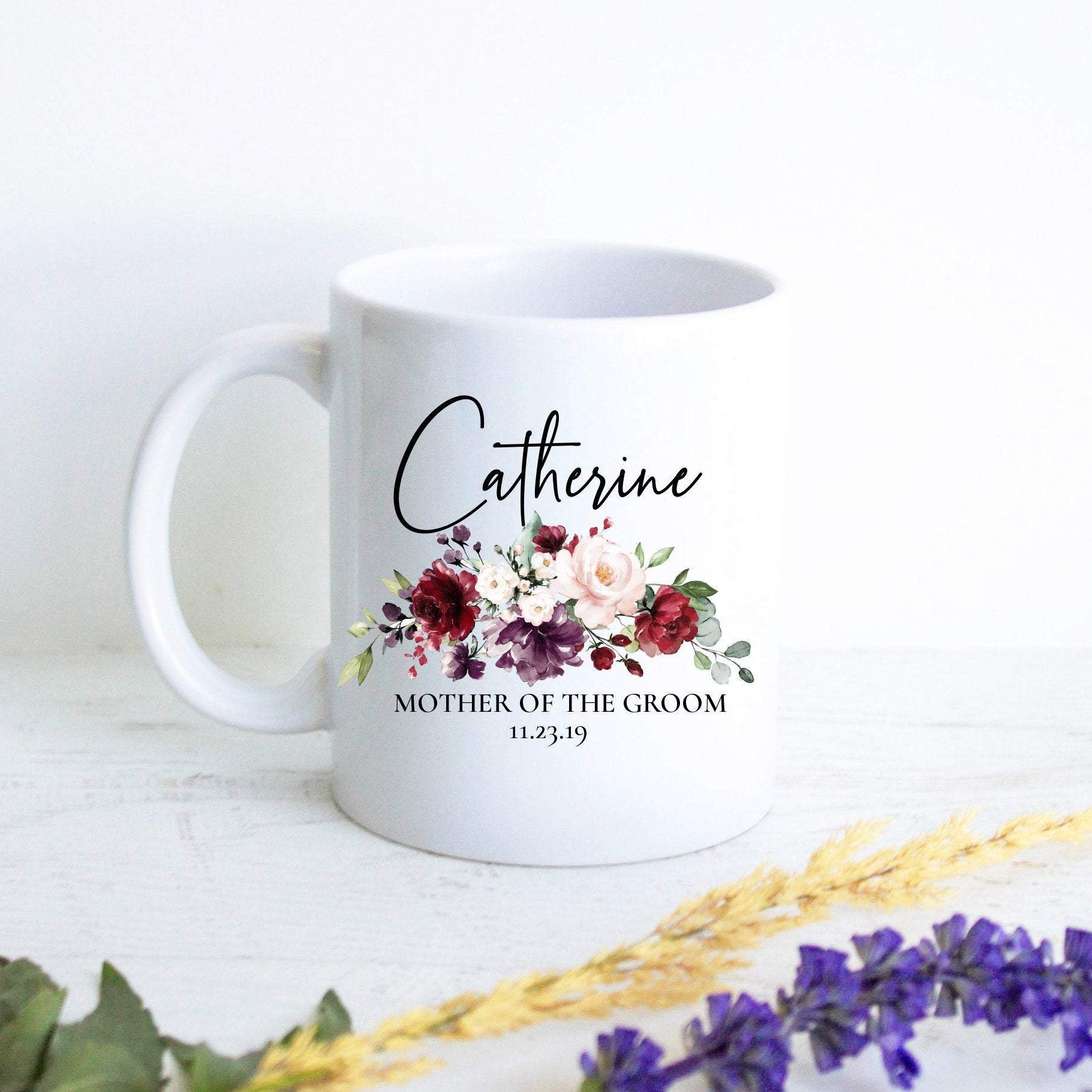 Fall Burgundy Rose Floral Mother of the Groom Custom Name With Date - White Ceramic Mug