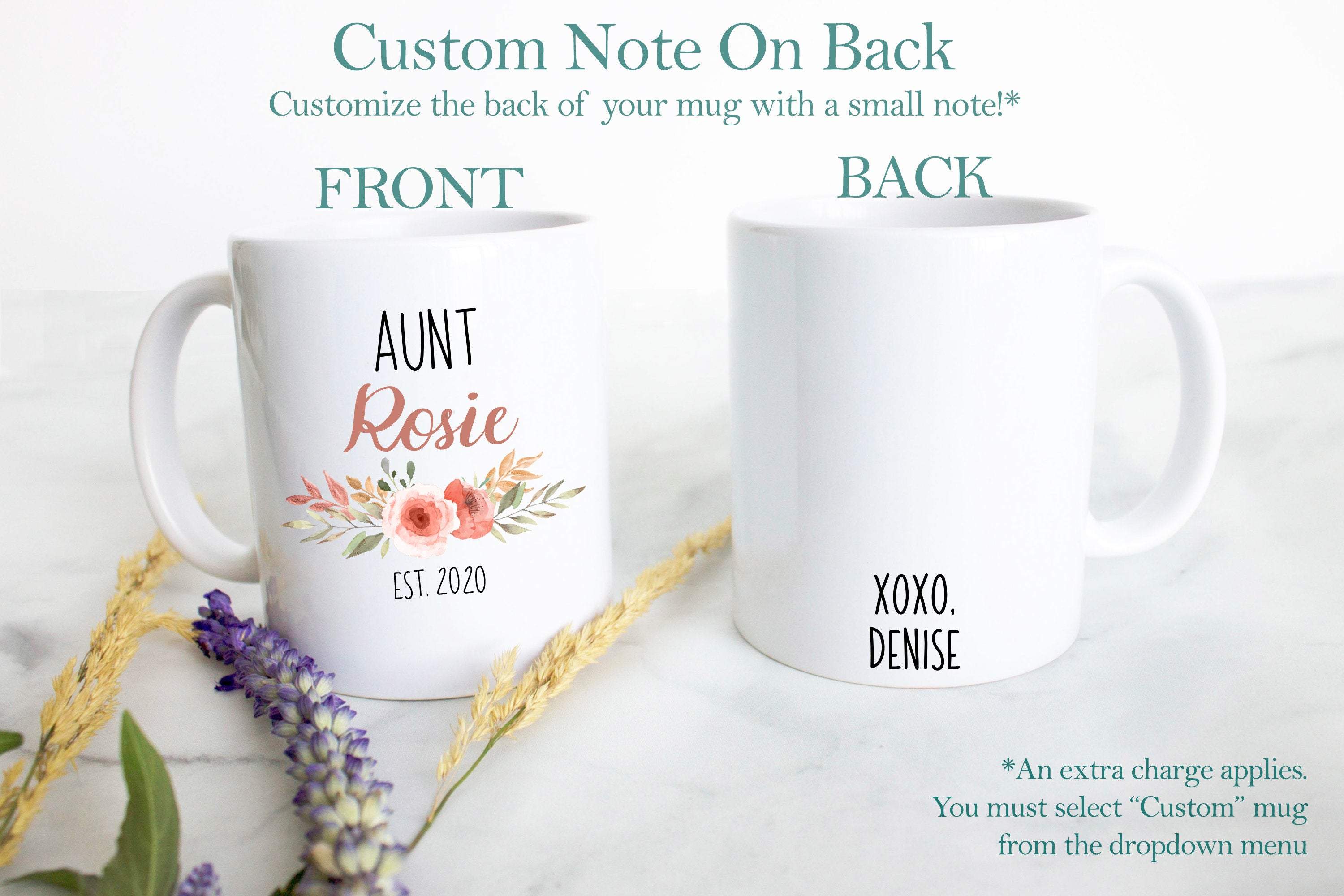 Personalized Aunt Name Peach Floral  - White Ceramic Mug - Inkpot