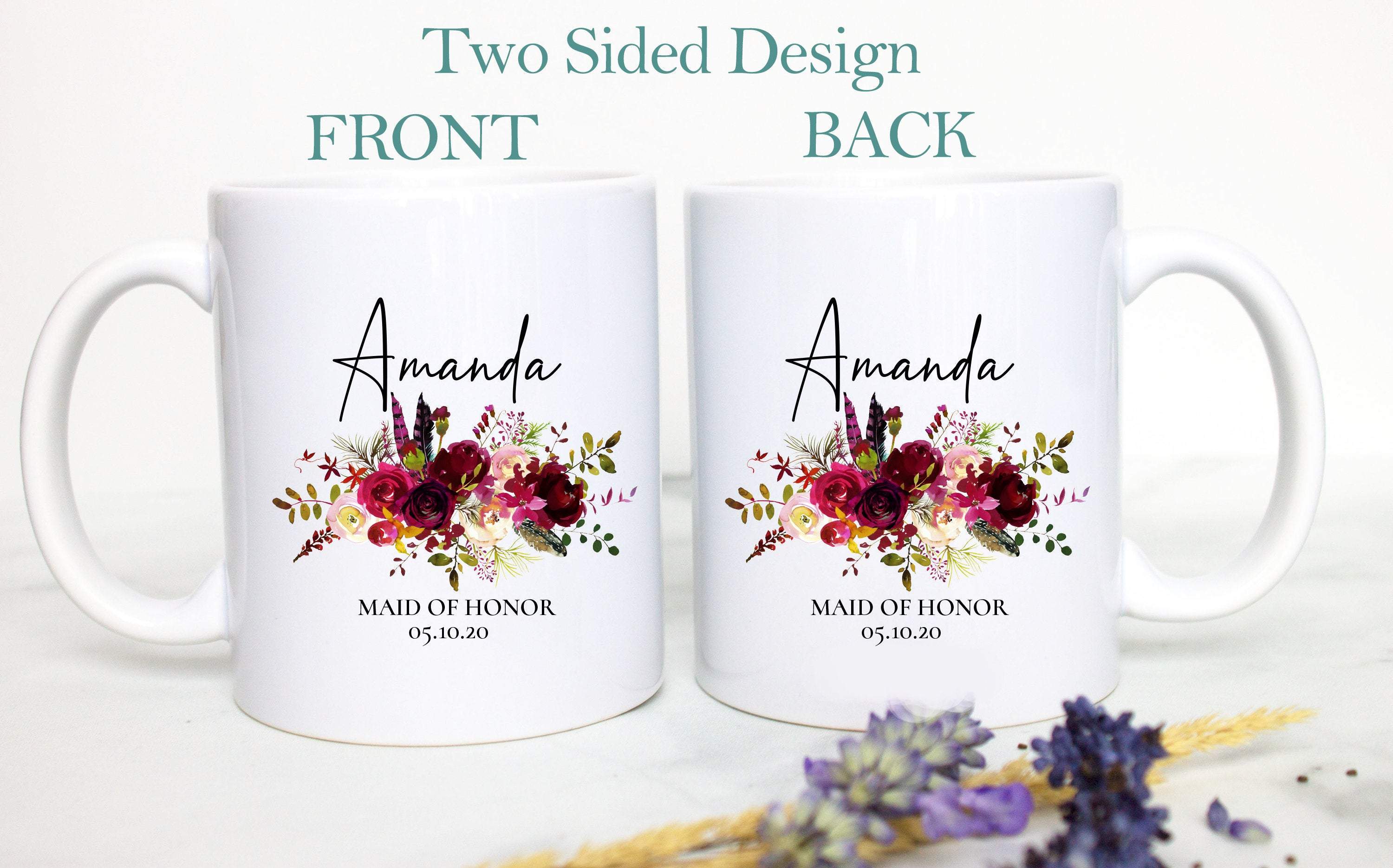 Burgundy Fall Boho Floral Bridesmaid Custom Name With Date - White Ceramic Mug