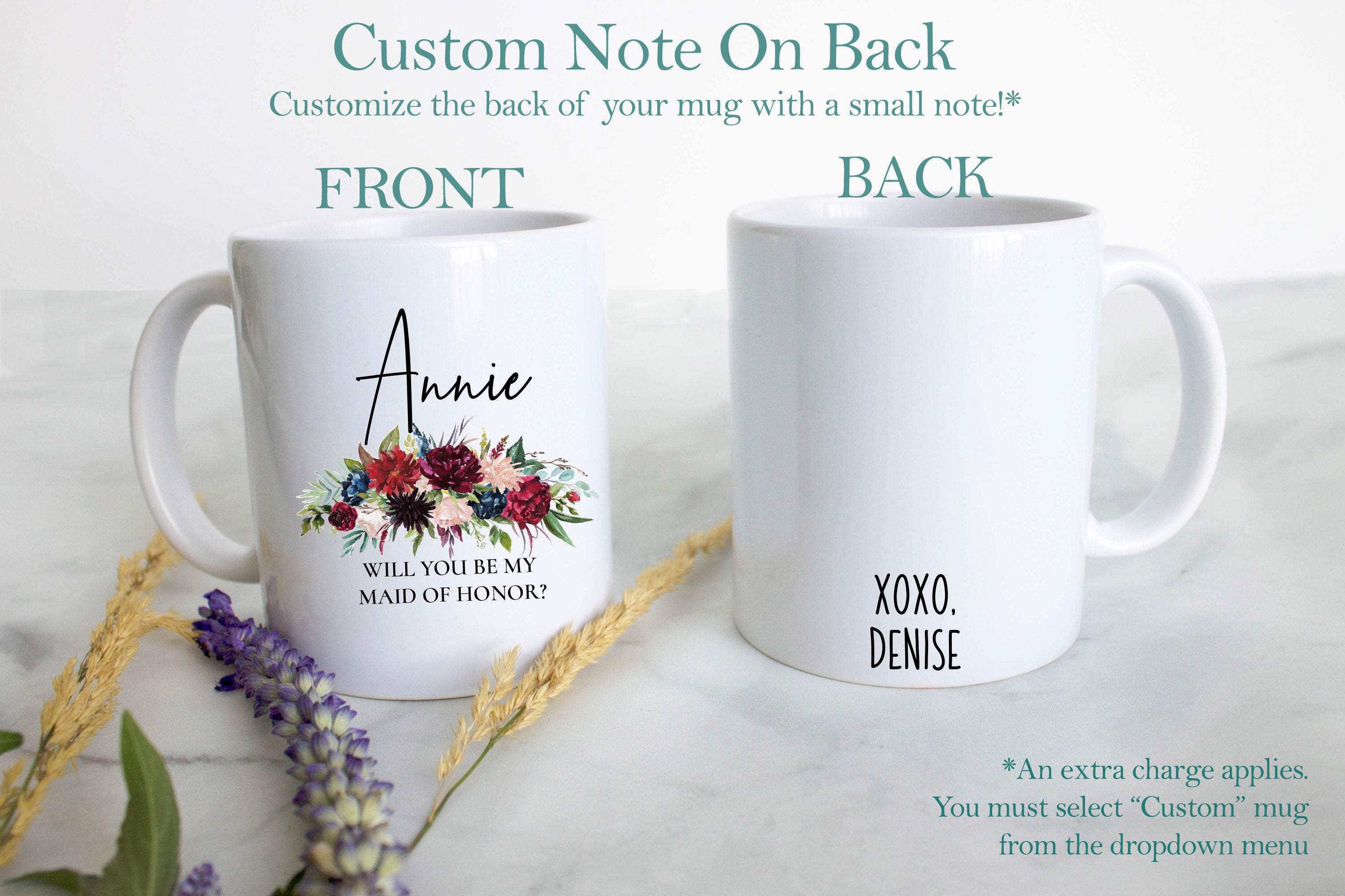 Burgundy Floral Bridesmaid Custom Name - White Ceramic Mug - Inkpot