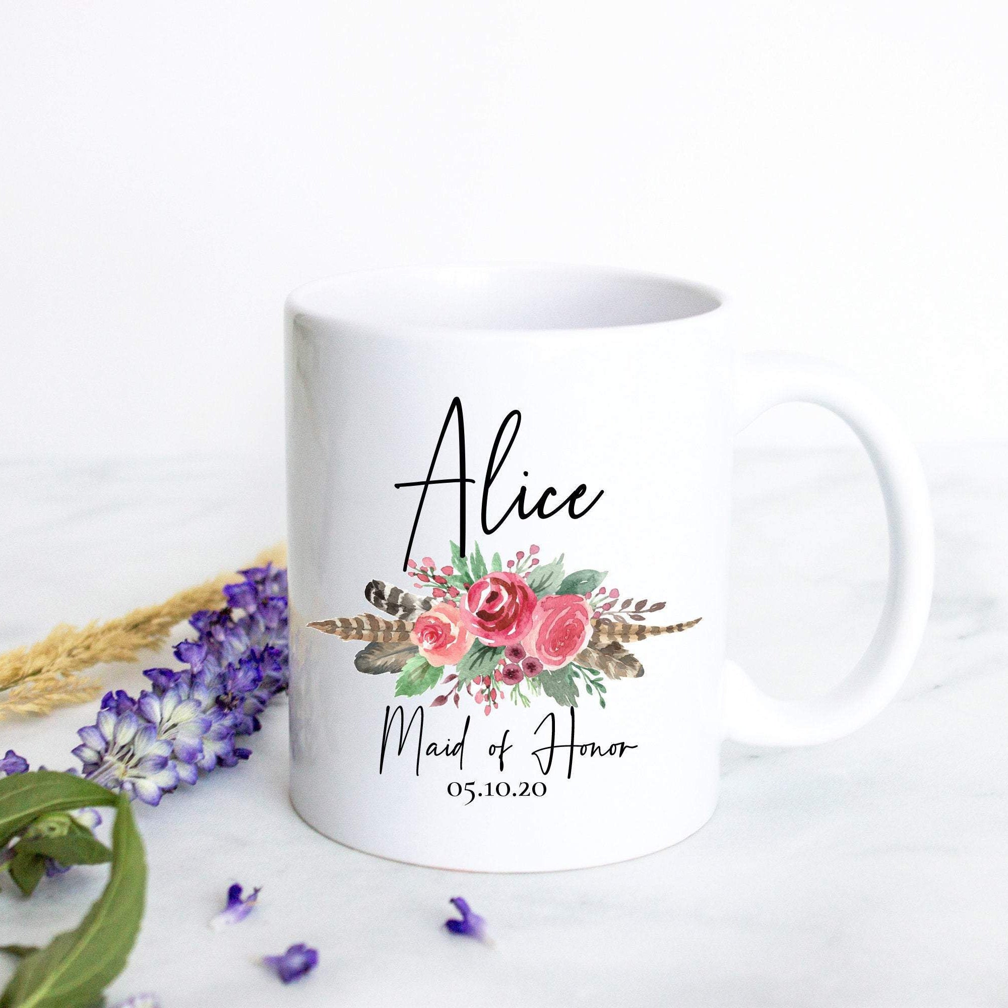 Bohemian Boho Floral Maid of Honor Custom Name With Date - White Ceramic Mug - Inkpot