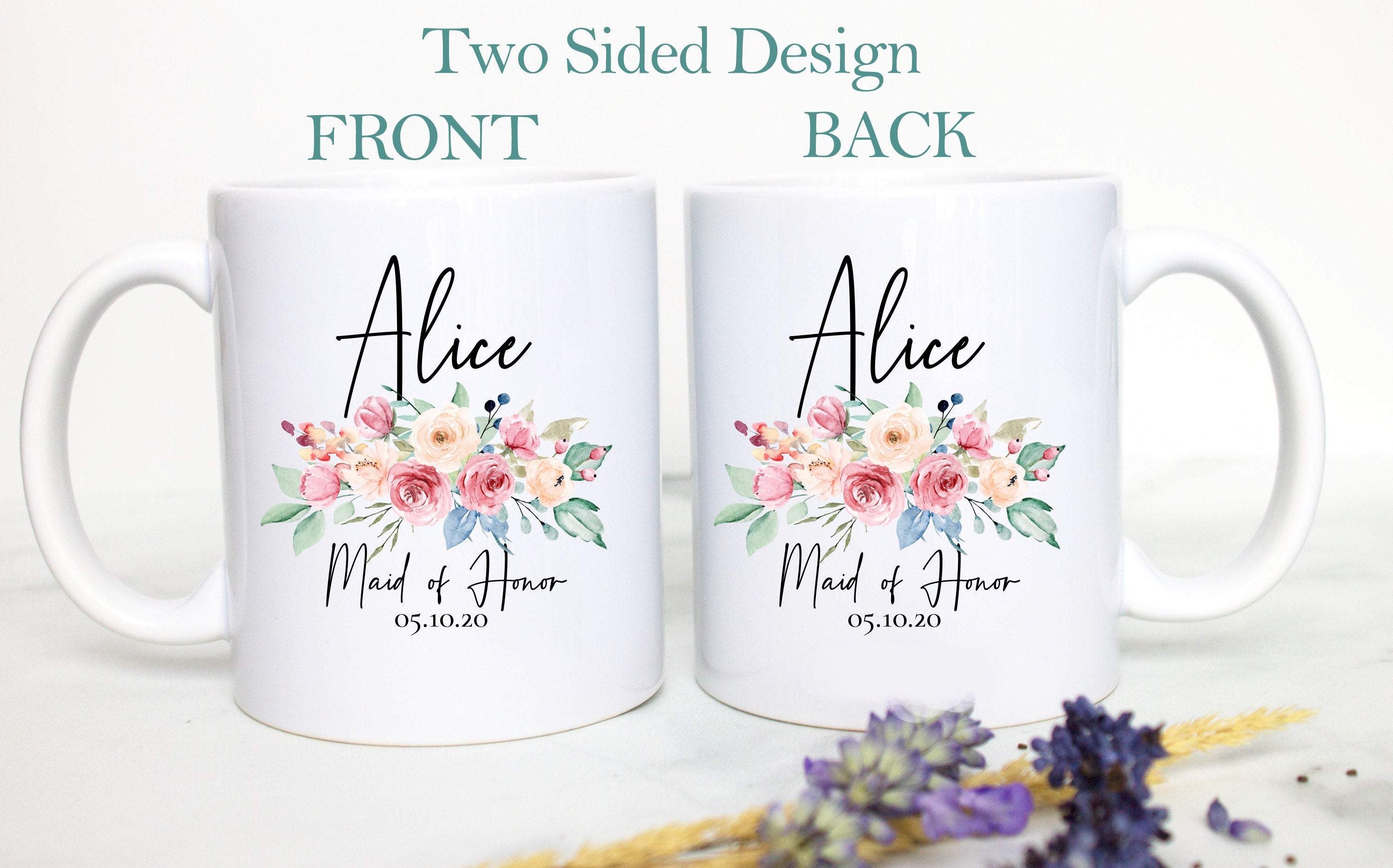 Peach Floral Bridesmaid Custom Name and Date - White Ceramic Mug - Inkpot