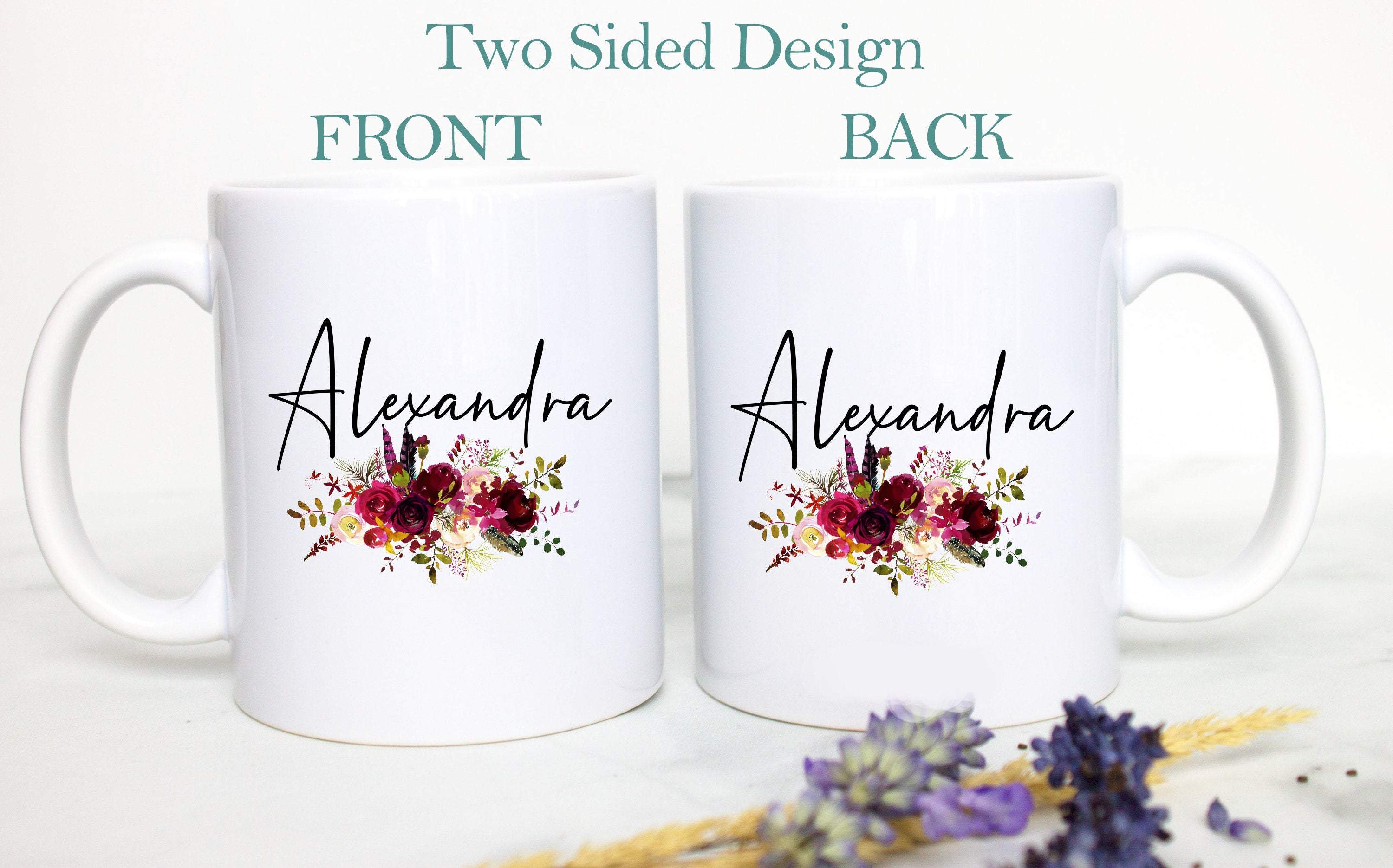 Red Floral with Custom Name - White Ceramic Mug