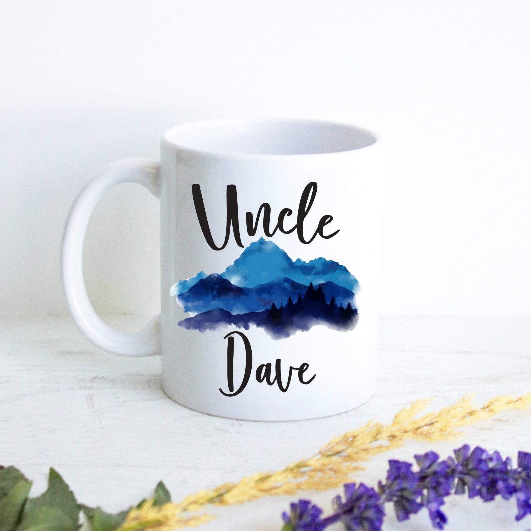 Personalized Uncle Name Mountain Theme - White Ceramic Mug