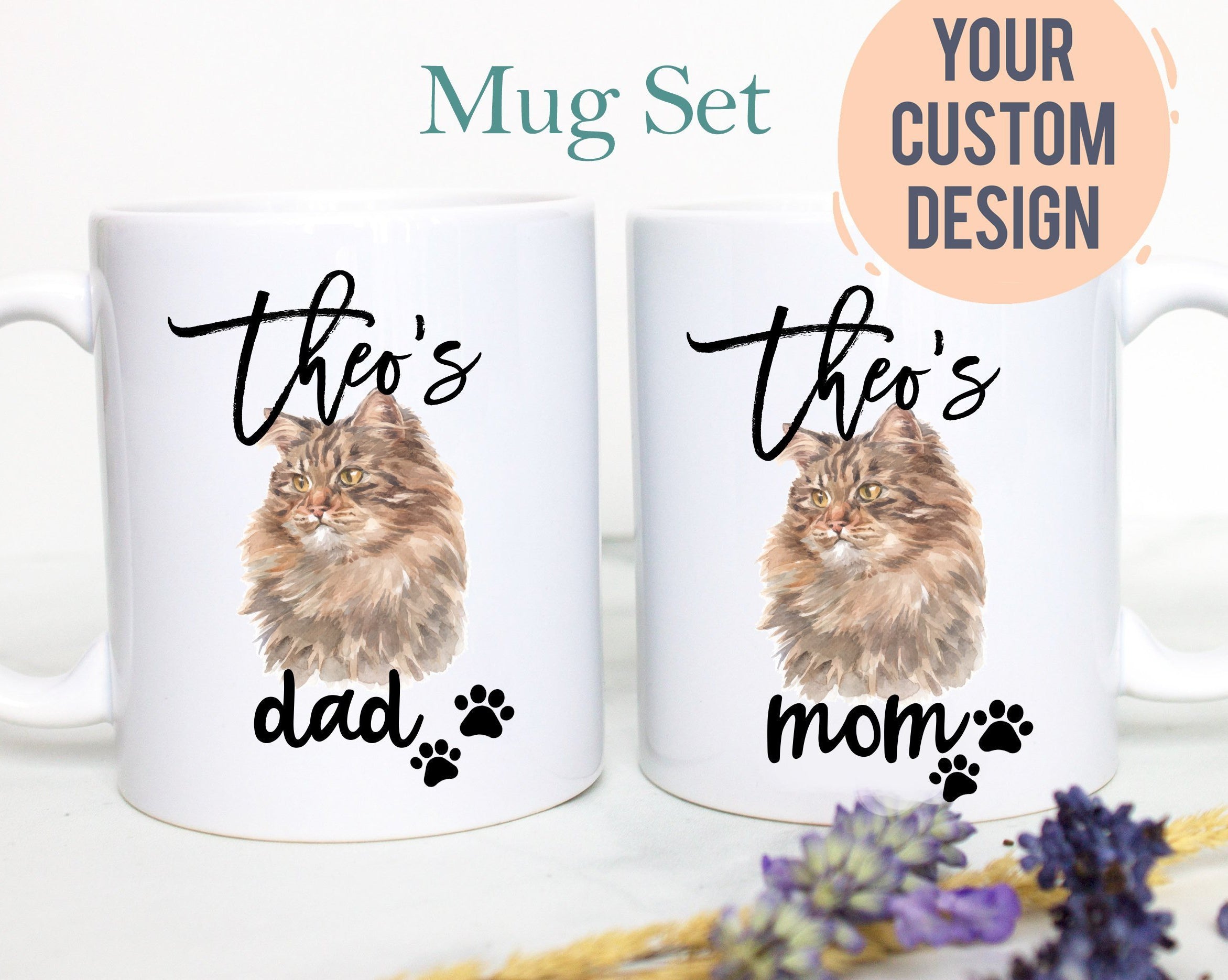 Personalized Siberian Cat Mom and Dad Individual or Mug Set- White Ceramic Custom Mug