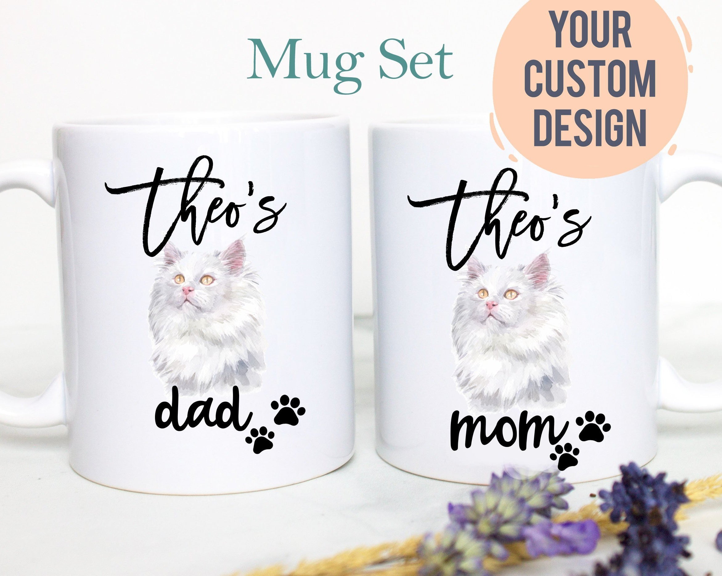 Personalized White Cat Mom and Dad Individual or Mug Set - White Ceramic Custom Mug