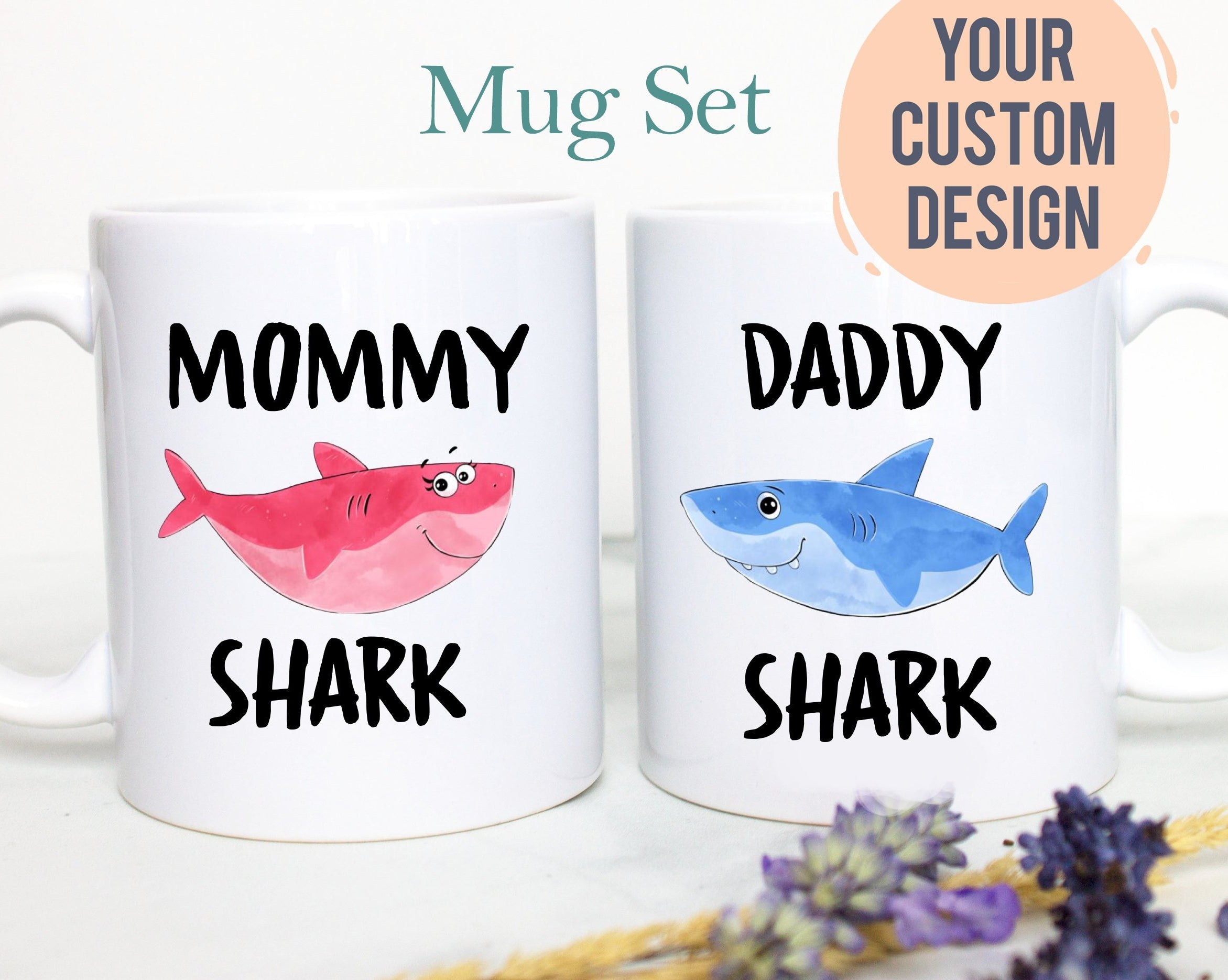 Mommy and Daddy Shark Individual or Mug Set - White Ceramic Mug