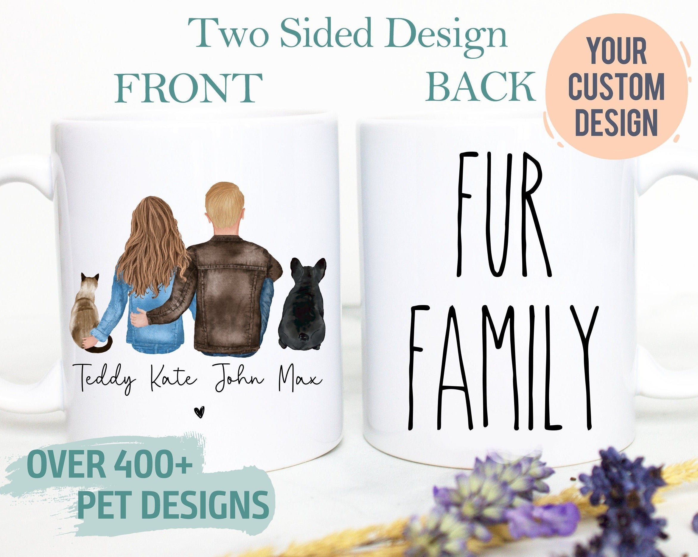 Custom Couple Pet Portrait Fur Family  - White Ceramic Mug