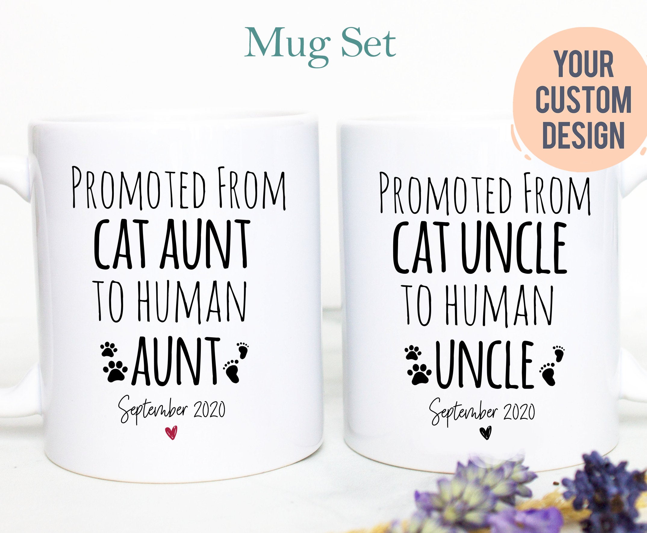 Promoted From Cat Aunt Uncle To Human Aunt Individual OR Mug Set, Cat Uncle Gift, Cat Aunt Gift, New Baby, Pregnancy Announcement, New Uncle