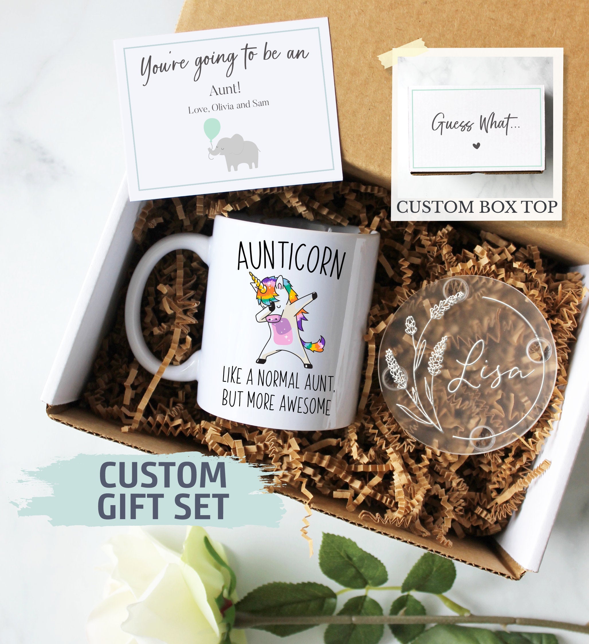 Personalized Aunt Gift Box | Promoted to Aunt, New Aunt Gift, Aunt Proposal, Aunticorn, Pregnancy Announcement Baby Reveal, Aunticorn Mug