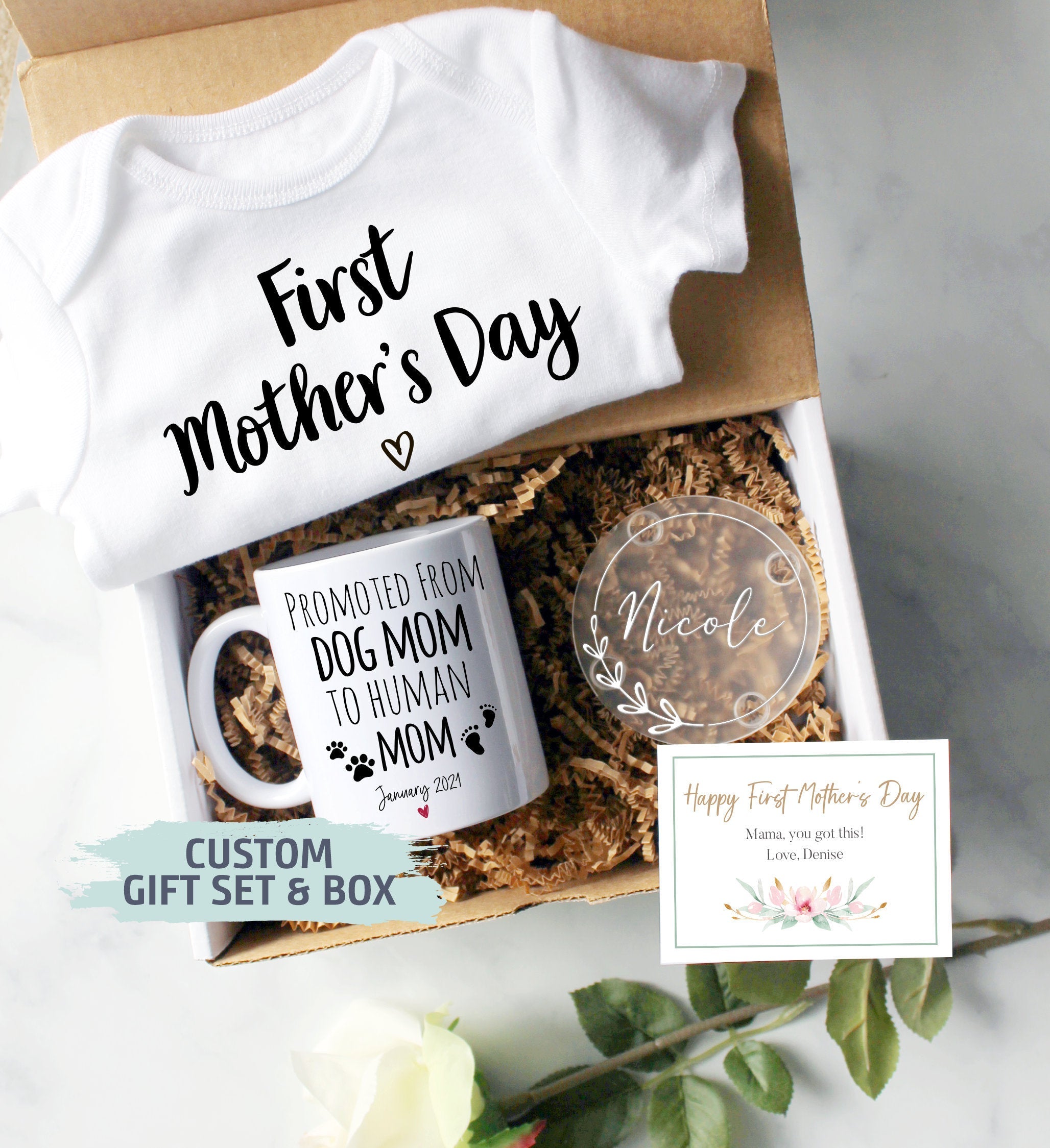 Custom First Mother's Day Gift Box | Promoted from Dog Mom, New Mom Gift, First Time Mom Mug, Happy First Mother's Day Gift, New Mom Mug