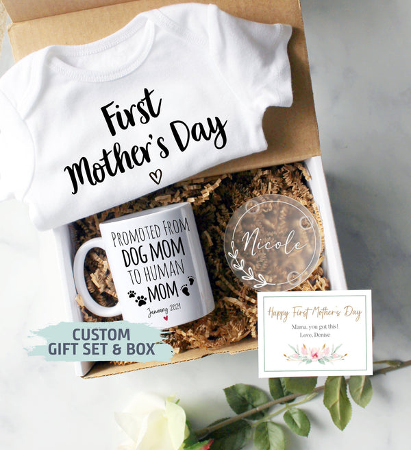 Custom First Mother&#39;s Day Gift Box | Promoted from Dog Mom, New Mom Gift, First Time Mom Mug, Happy First Mother&#39;s Day Gift, New Mom Mug