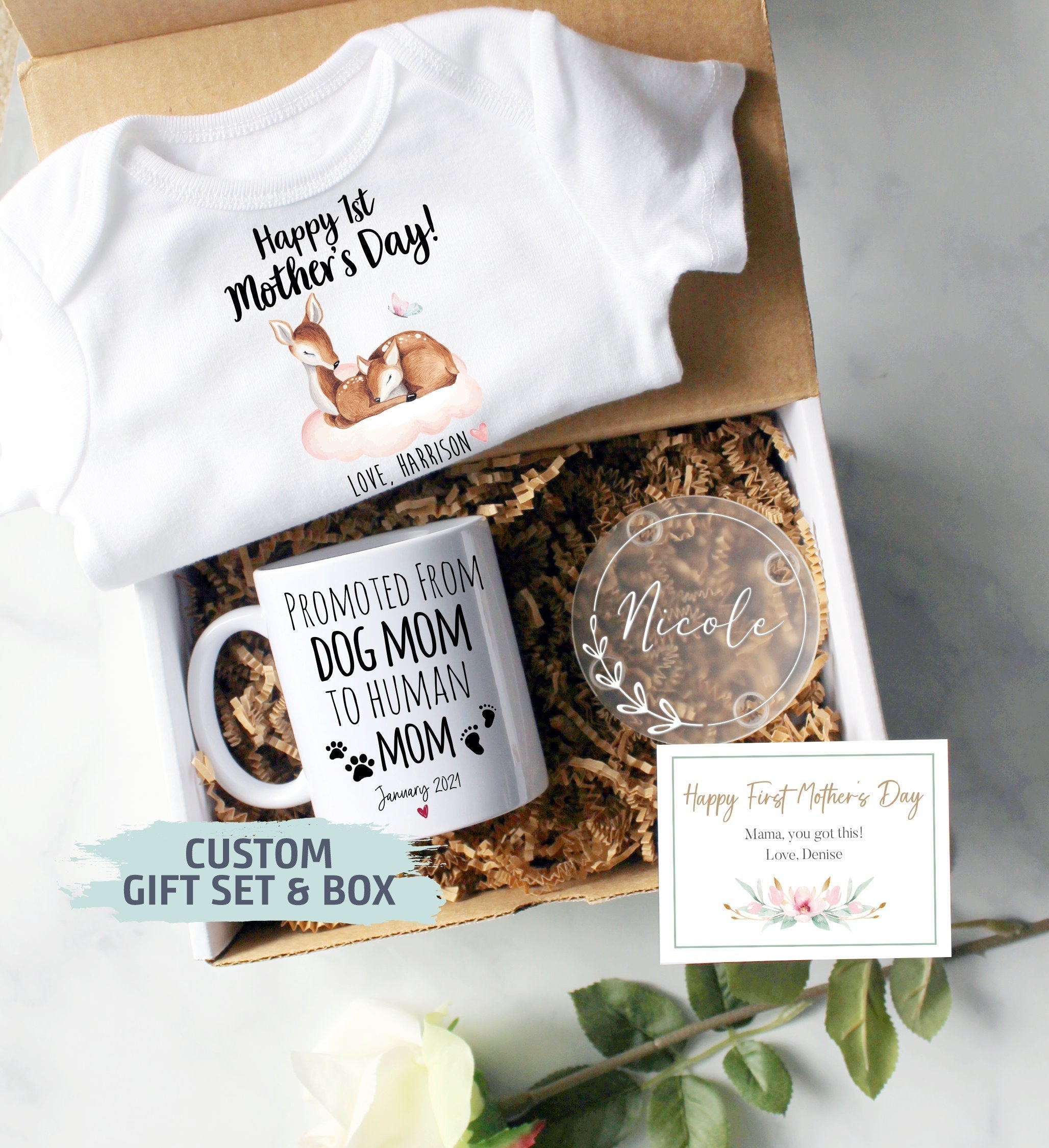 Custom First Mother's Day Gift Box | Promoted from Dog Mom, New Mom Gift, First Time Mom Mug, Happy First Mother's Day Gift, New Mom Mug