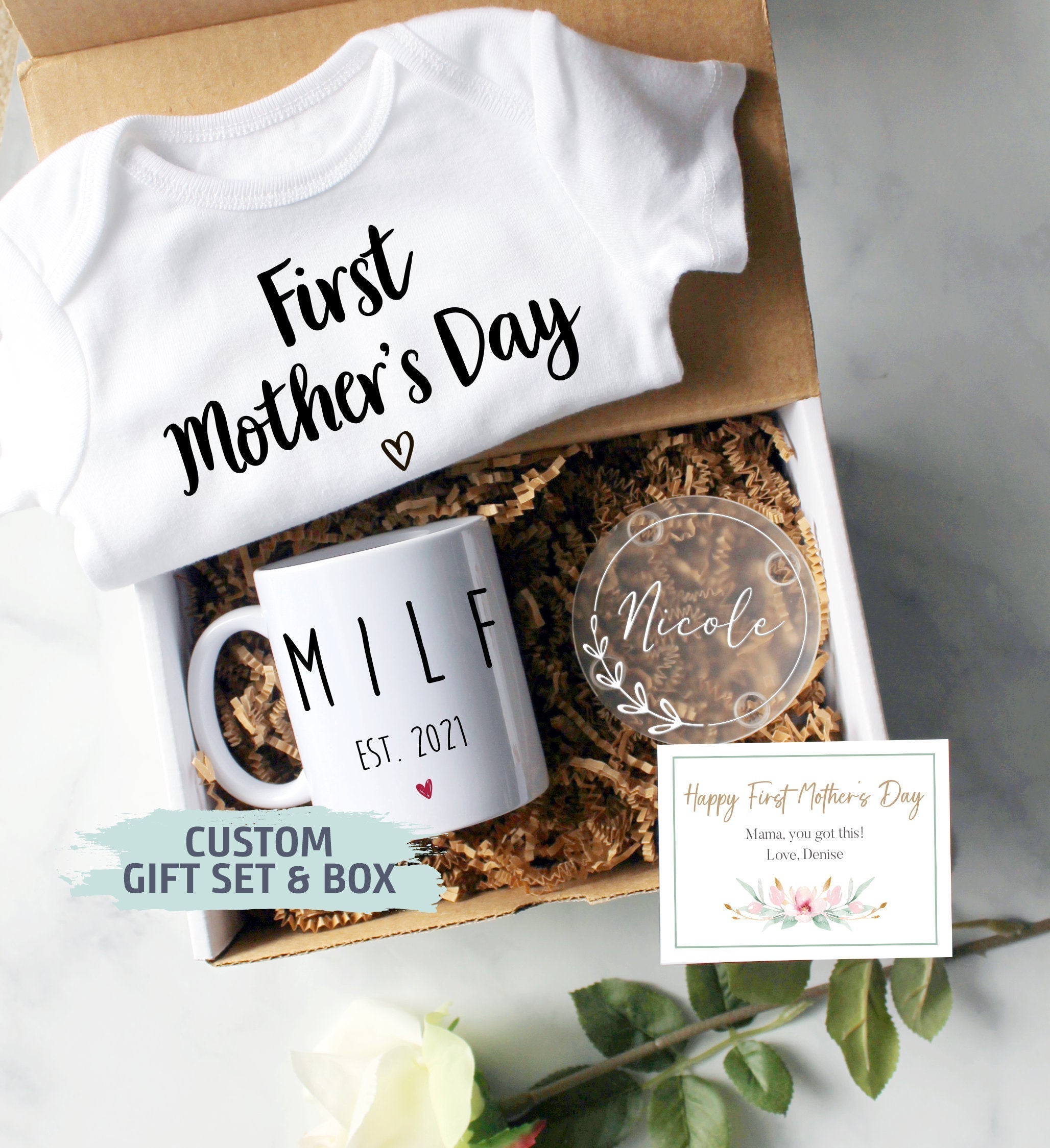 Custom First Mother's Day Gift Box | Baby Shower Gift, New Mom Gift,MILF Mug, First Time Mom Mug, Happy First Mother's Day Gift, New Mom Mug