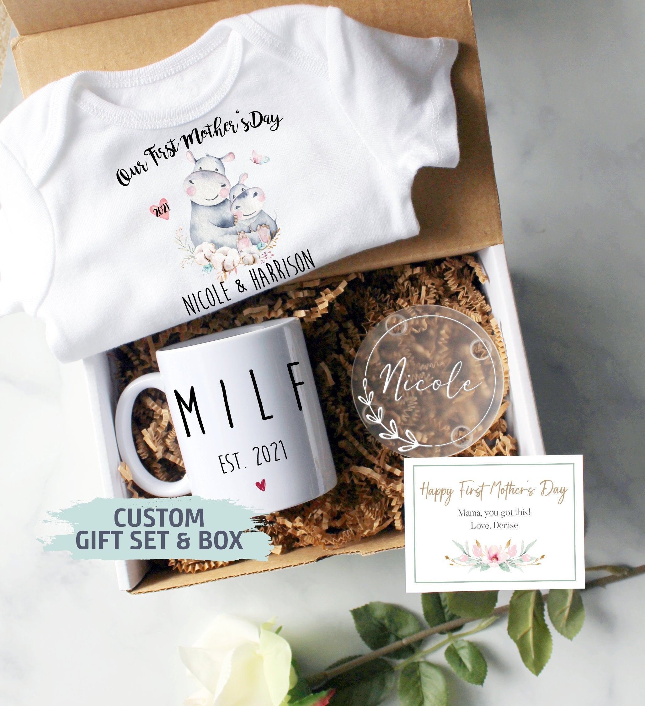 Custom First Mother's Day Gift Box | MILF Mug, Mom EST, New Mom Gift, First Time Mom Mug, Happy First Mother's Day Gift, New Mom Mug