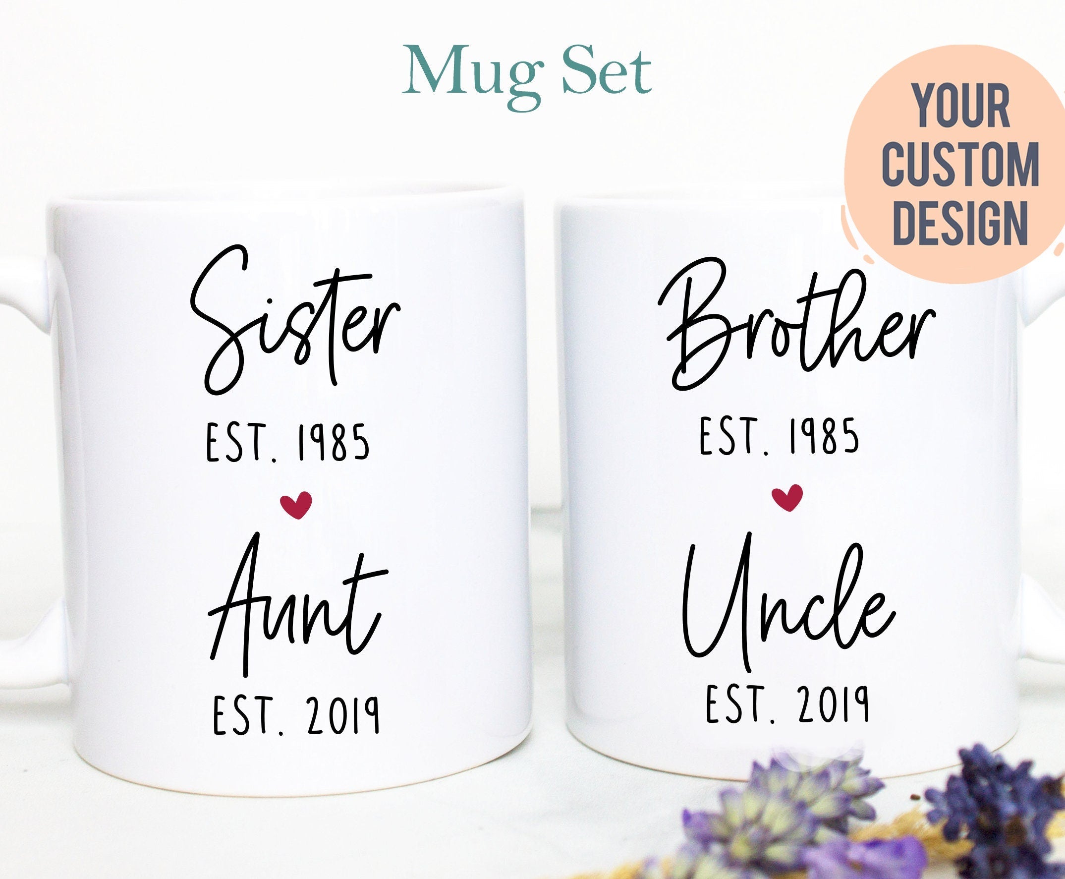 Sister Promoted to Auntie, Brother to Uncle Individual OR Mug Set, Auntie Est, Aunt Est, Uncle Est, Baby Announcement, New Aunt Uncle Gift