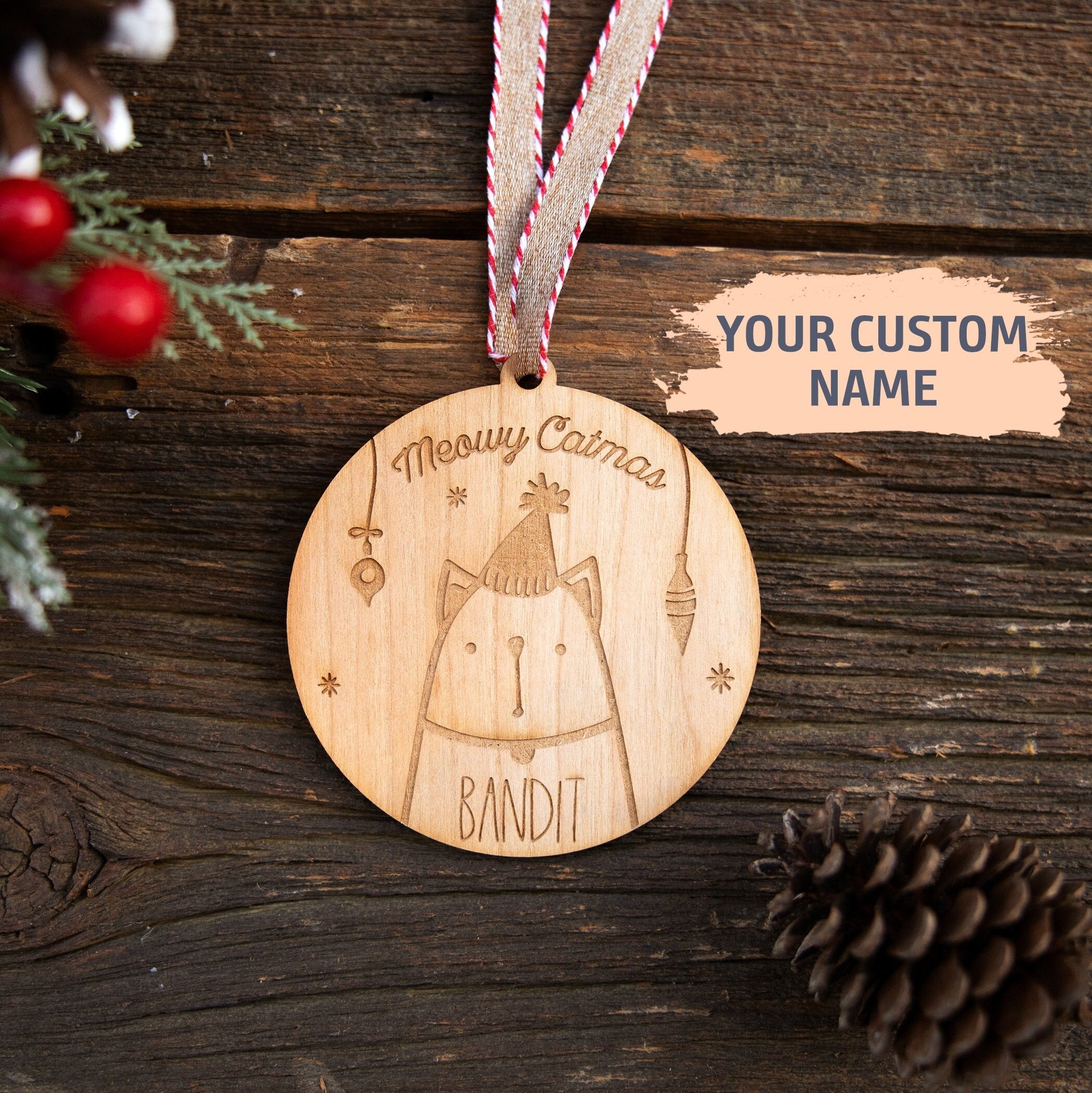 Custom Cat Pet Christmas Ornament | Cat Ornament, Wood Christmas Ornament, Gift for Cat Lover, Cat Name Ornament, Cat Mom, Meowy Catmas