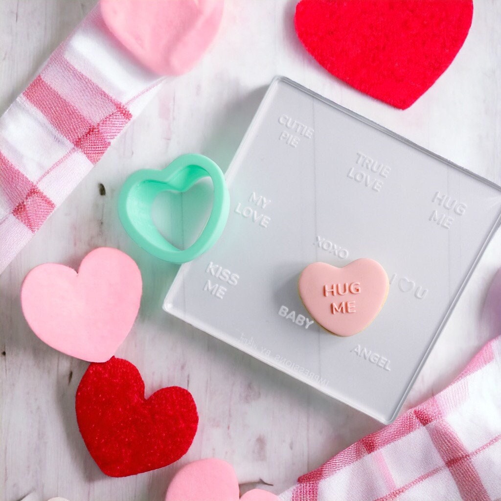 Valentine's Day Conversation Hearts Acrylic Fondant Embosser and Cookie Cutter | Cookie Stamp,Valentines Embosser Stamp, Heart Cookie Cutter